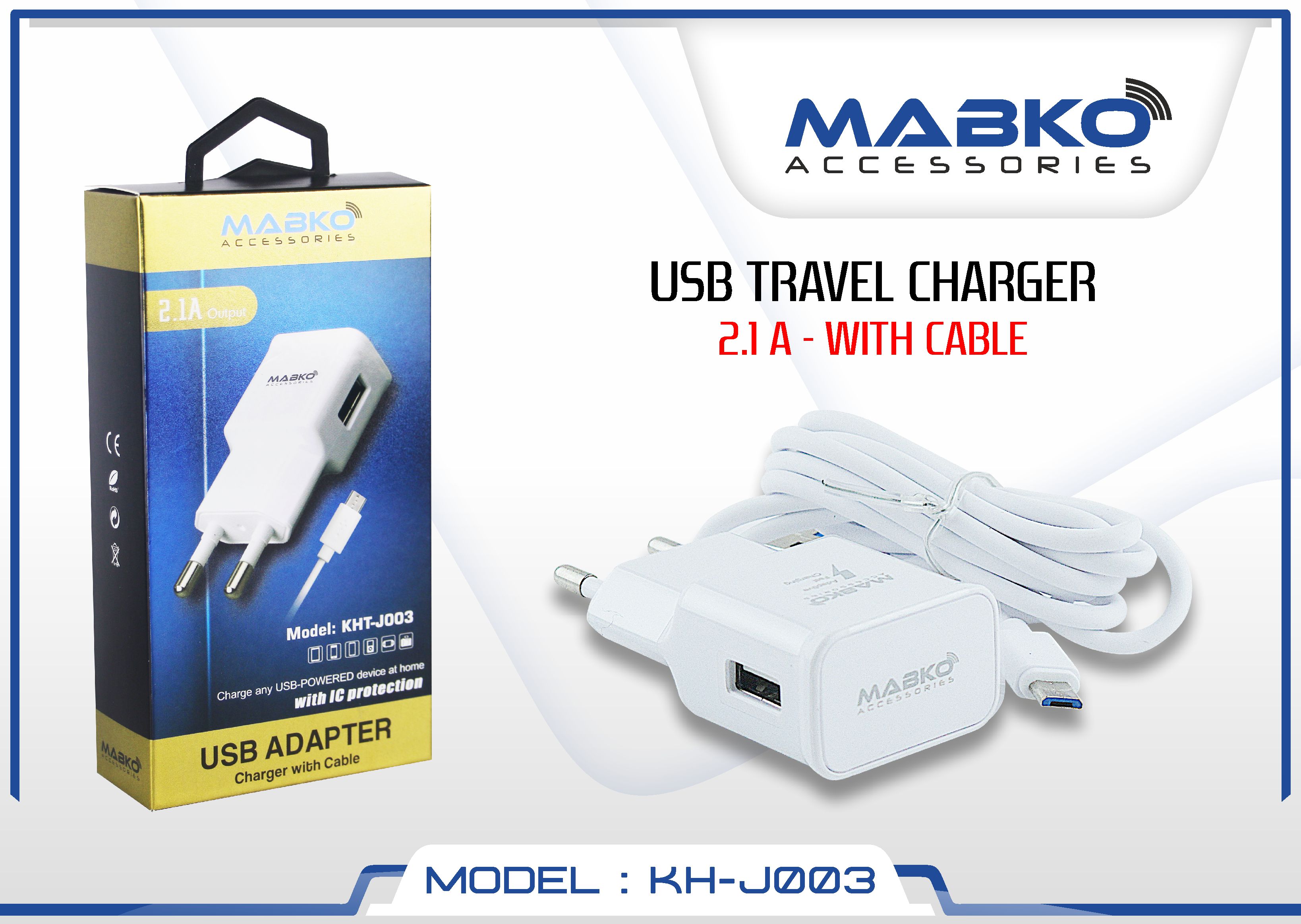CHARGER 2,1A WITH CABLE 1,5M AND USB